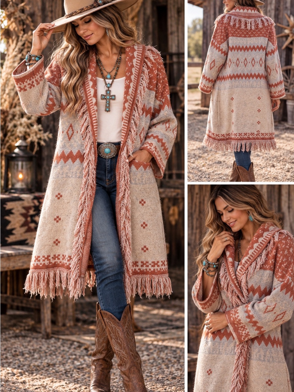 Altar’d State Southwestern Aztec Fringe Long Duster Cardigan Sweater S